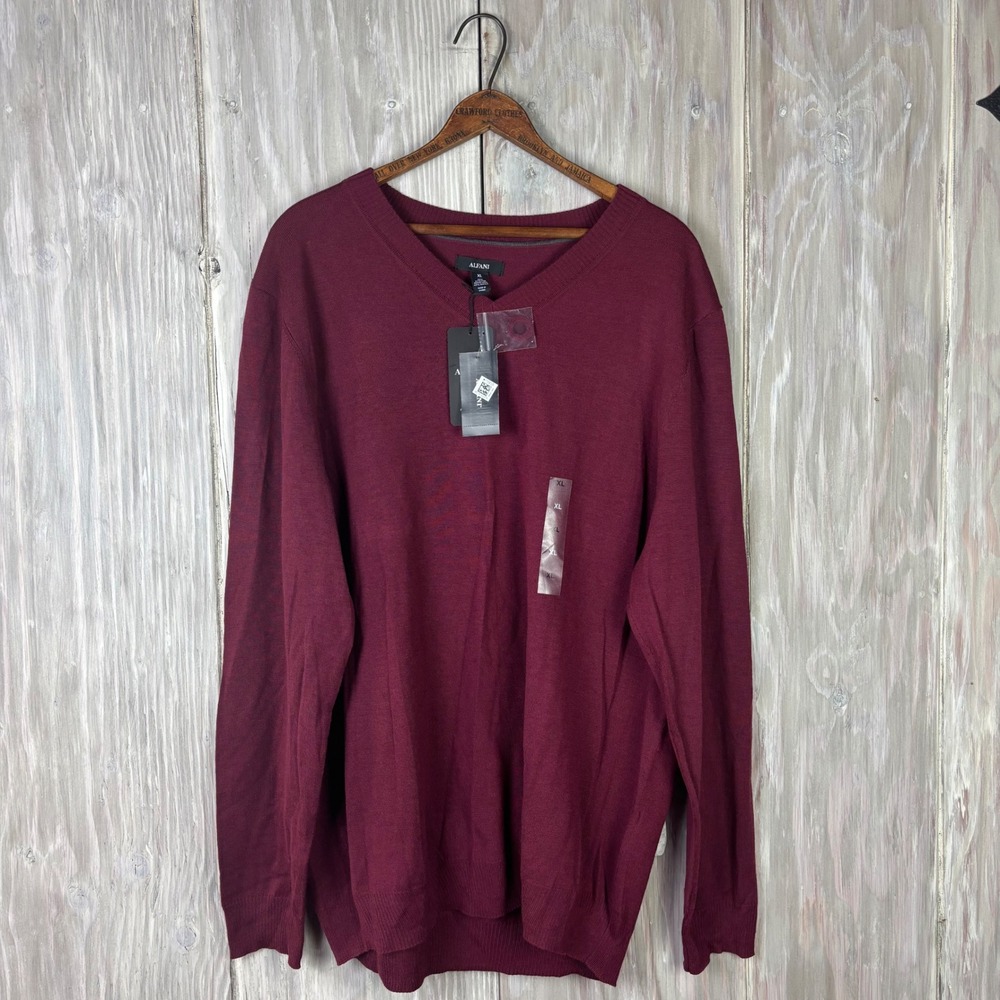 Alfani Mens XL V Neck Merino Wool‎ Blend Sweater Burgundy Red Minimalist NWT